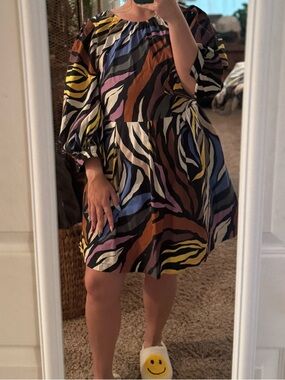 Multicolor Zebra-Print/ Striped Puff Sleeve Dress